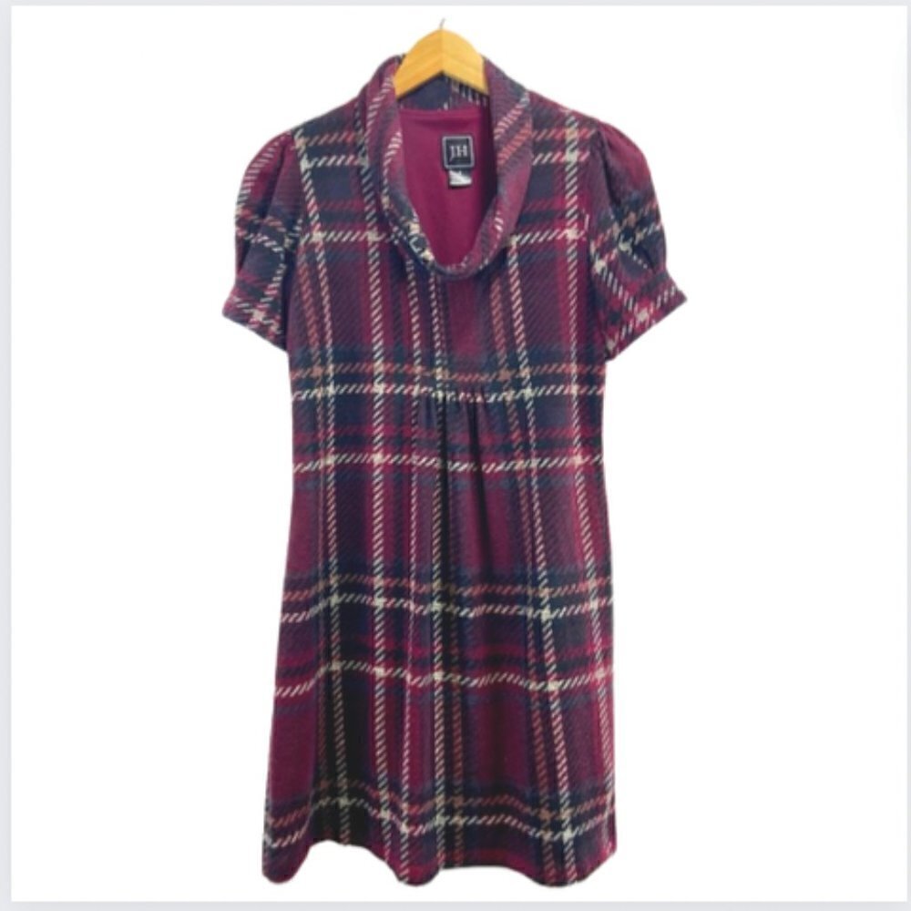 JH Cranberry Plaid Cowlneck Dress, Small